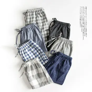 

Soft Cotton Gauze Beach Pants Men Sleepwear Bathrobe Men Plaid Shorts Pajamas Summer Pyjamas Home Pants Casual Robe Gown