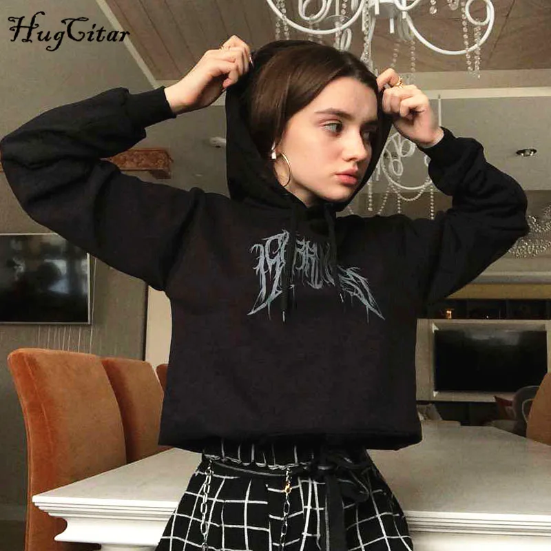  Hugcitar 2019 cotton long sleeve print hooded crop top sweatshirt autumn winter women streetwear ou