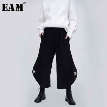 

[EAM] High Elastic Waist Black Hollow Out Long Wide Leg Trousers New Loose Fit Pants Women Fashion Tide Spring Autumn 2020 1N039