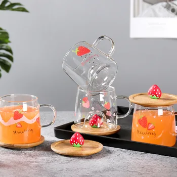 

Cute Fruit Strawberry Watermelon Transparent Glass WithLid Heat Resistant High Borosilicate Water Glass Household Milk Juice Cup