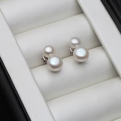 Real 925 Sterling Silver Earrings With Pearls Woman Wedding Freshwater Natural Two Pearl Earring Fine Jewelry Girl Gift