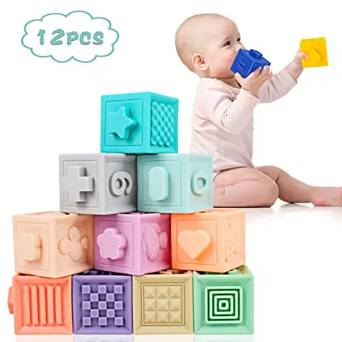 

Baby Soft Blocks Educational Building Silicone Teething Chewing Squeeze Bath Kids 3D Touch Toys with Numbers Animals and Shapes