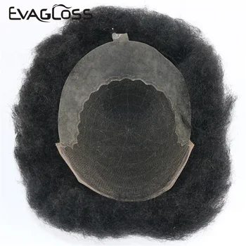 

EVAGLOSS Afro Kinky Curly Color #1B Swiss Lace with Thin PU Base Indian Human Remy Hair Men's Toupee Wig for Black Men