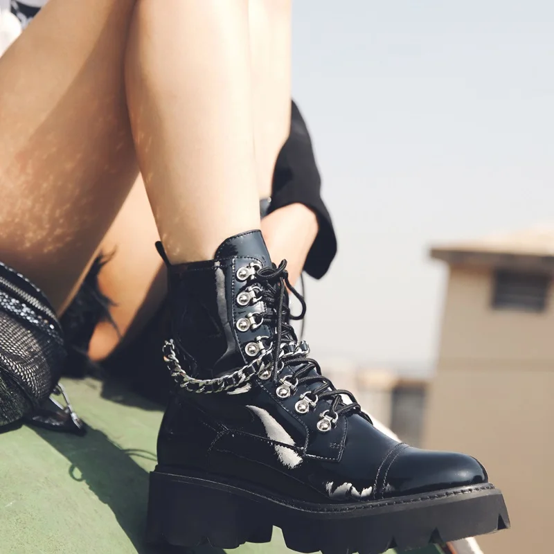 Cena EGONERY Rock punk kobiety buty okrągłe toe zamek lakierki med 5cm obcas platformy wiązane krzyżowo kobiety retro na przyjęcie botki