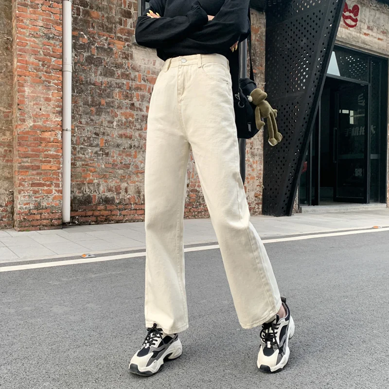 WITHZZ Spring Autumn Wide-leg Jeans Women's High-waist Denim Pants Retro Loose Droop Straight Trousers Jeans