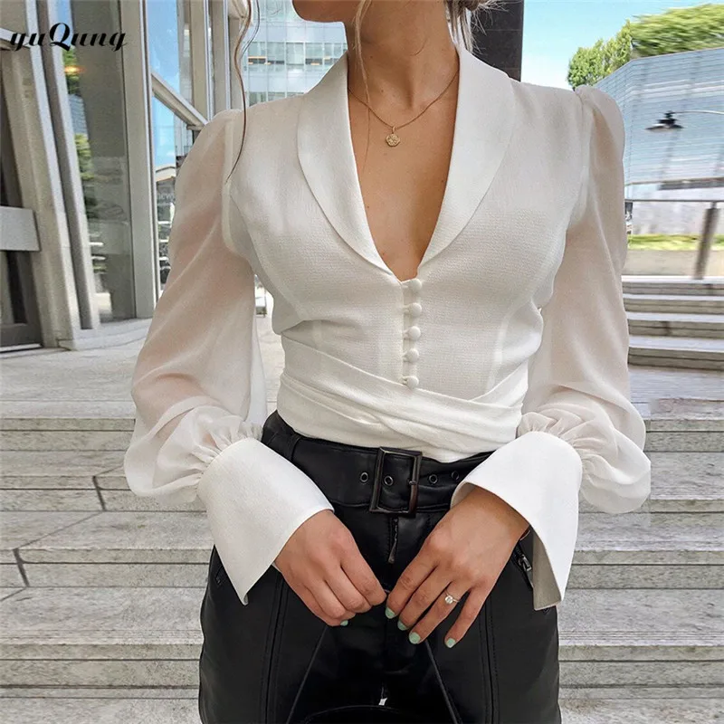 

yuqung lantern sleeve turn down neck Blouse Women white lace up bow tie chiffon Tops and Blouse cropped shirt Female Blusas 2019