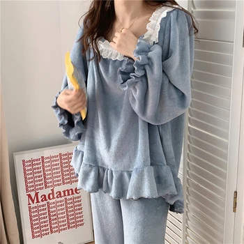 

Nightwear Two-piece Suits Chic Women Soft Sweet Sleepwear Sets Thicken Warm Cute Winter Loose Pajamas Home Clothes
