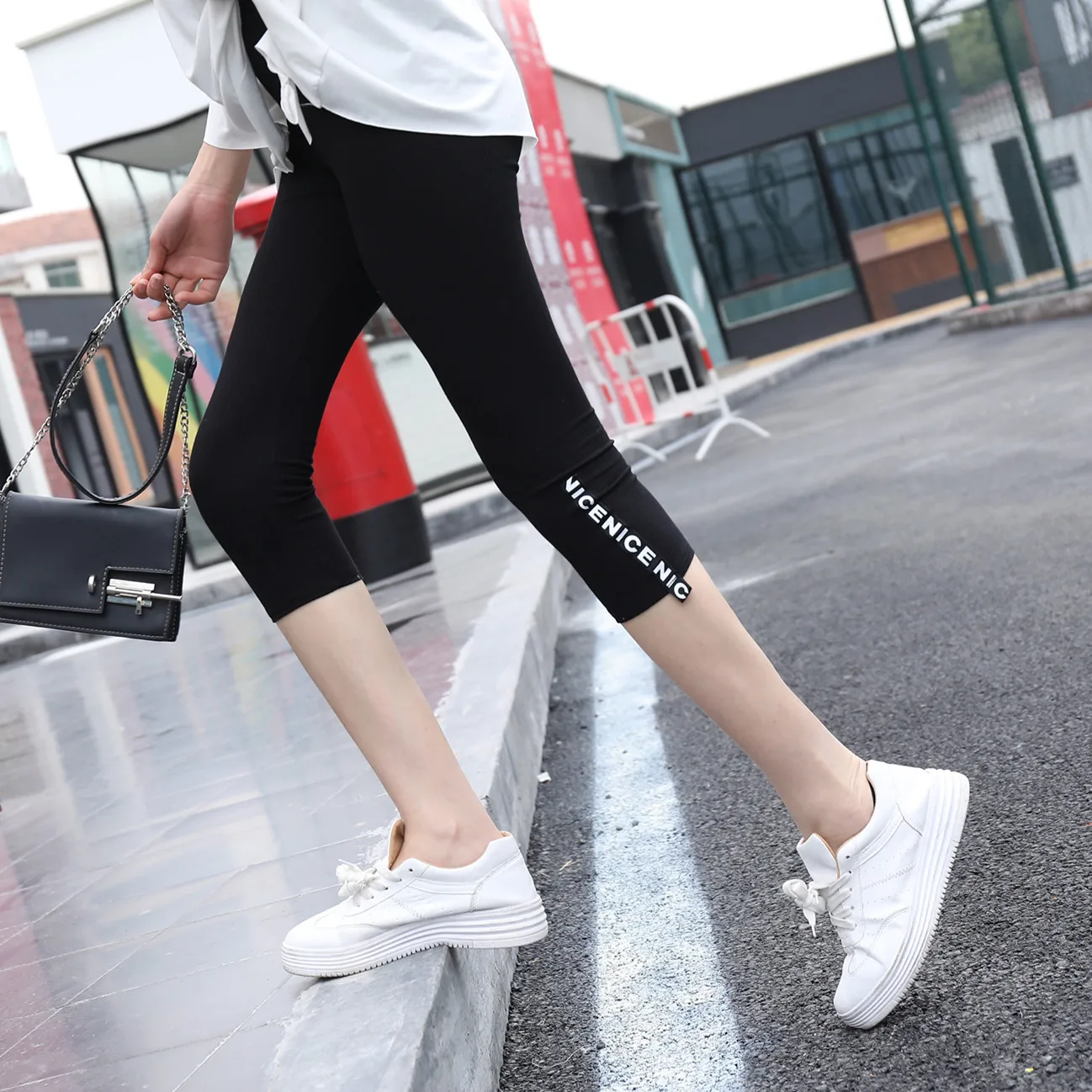 

New Style Thread Capri Pants Plus-sized Large Size WOMEN'S Leggings Korean-style Capris Cotton Elastic Meshbelt Athletic Pants