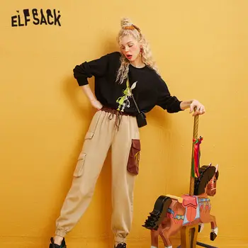 

ELFSACK Camel Colorblock Casual Women Pants 2019 Winter New irregular Jesus Pocket Boyfrined Office Ladies Overalls Trouser