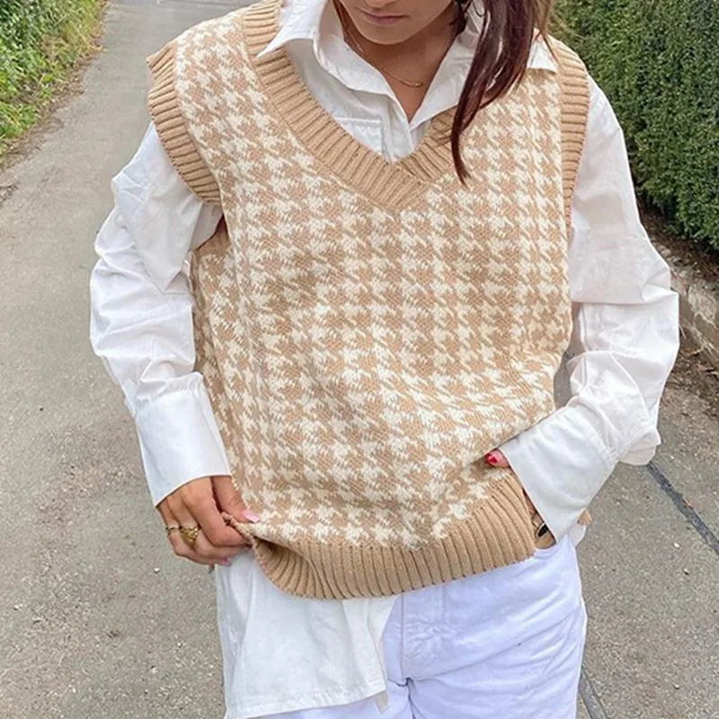 

Muyogrt Plaid Knitted Sweater Vest Women 2020 Oversized Pullover Vintage Sleeveless V-Neck Korean Female Waistcoat Sweater Tops