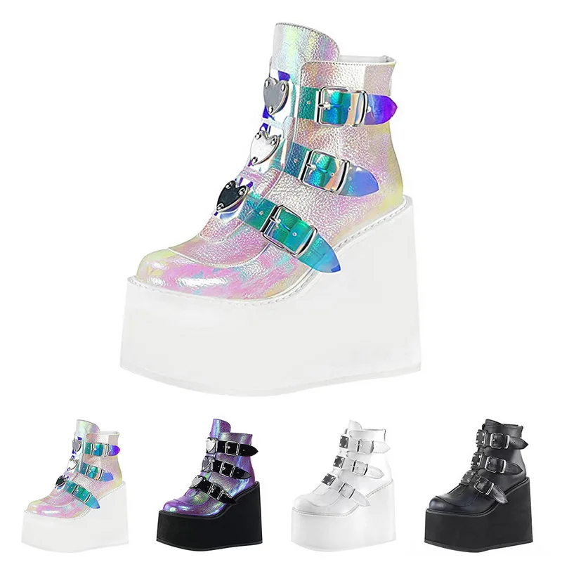 Botas de plataforma con hebilla de Metal para mujer, cuñas de tacón alto, Punk, color blanco y negro, 2020