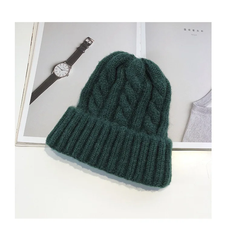 Женские шерстяные шапки Skullies, зимняя теплая вязаная шапка s для дам, дикие одноцветные утолщенные шапочки, новые модные шапочки для девочек
