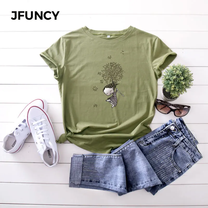 Футболка JFUNCY женская с коротким рукавом Модный хлопковый топ принтом
