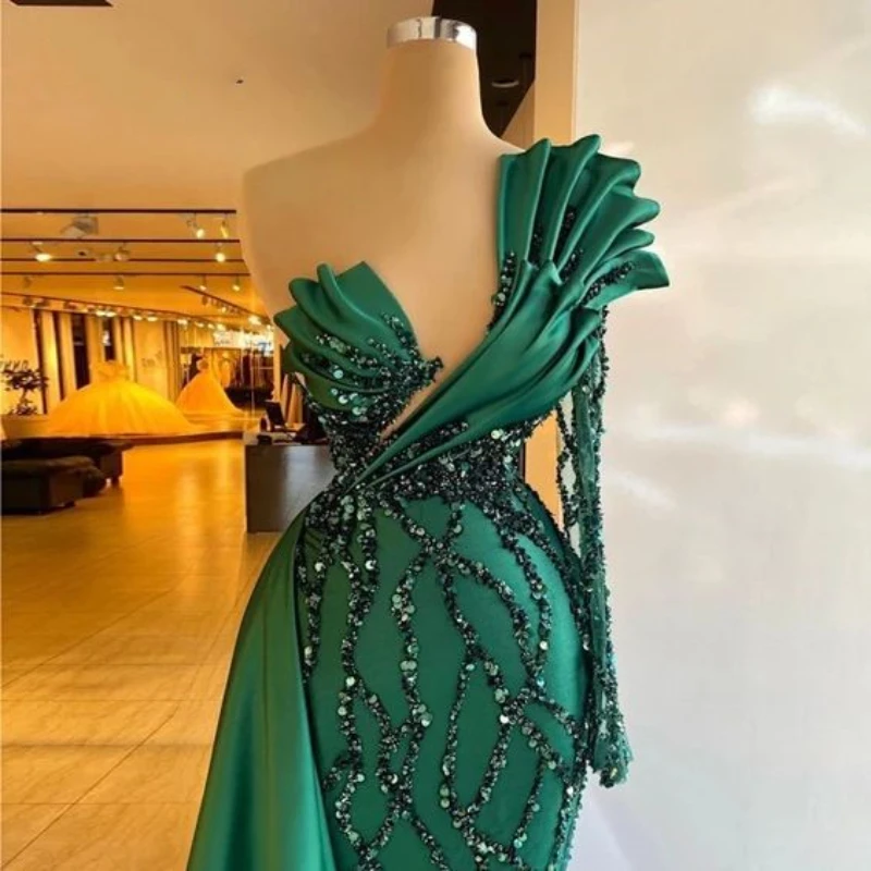 white evening dresses Elegant Green Sequins Mermaid Evening Dresses Woman One Shoulder Long Sleeves Formal Prom Gown Beads Wedding Party Dresses evening gowns