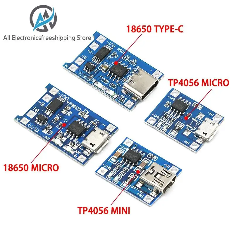 

Type-c / Micro USB 5V 1A 18650 TP4056 Lithium Battery Charger Module Charging Board With Protection Dual Functions 1A Li-ion