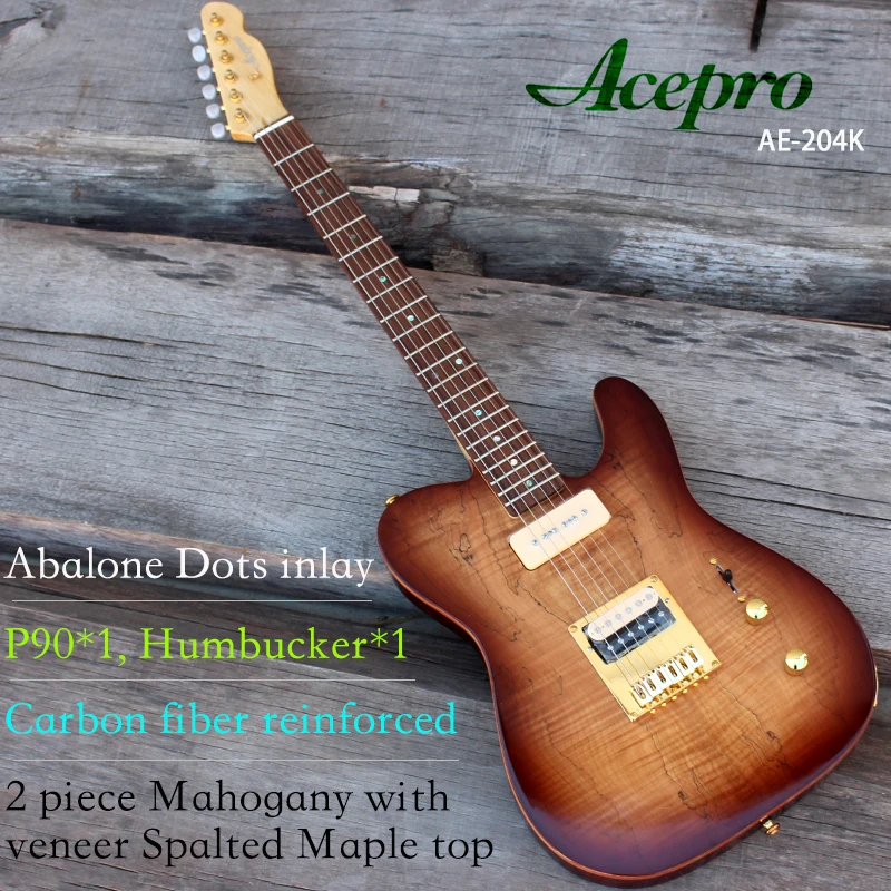 

In Stock Acepro Electric guitar, 2 piece Mahogany & Spalted Maple top, Brown Burst Color, Abalone dots inlay, Gold Hardware