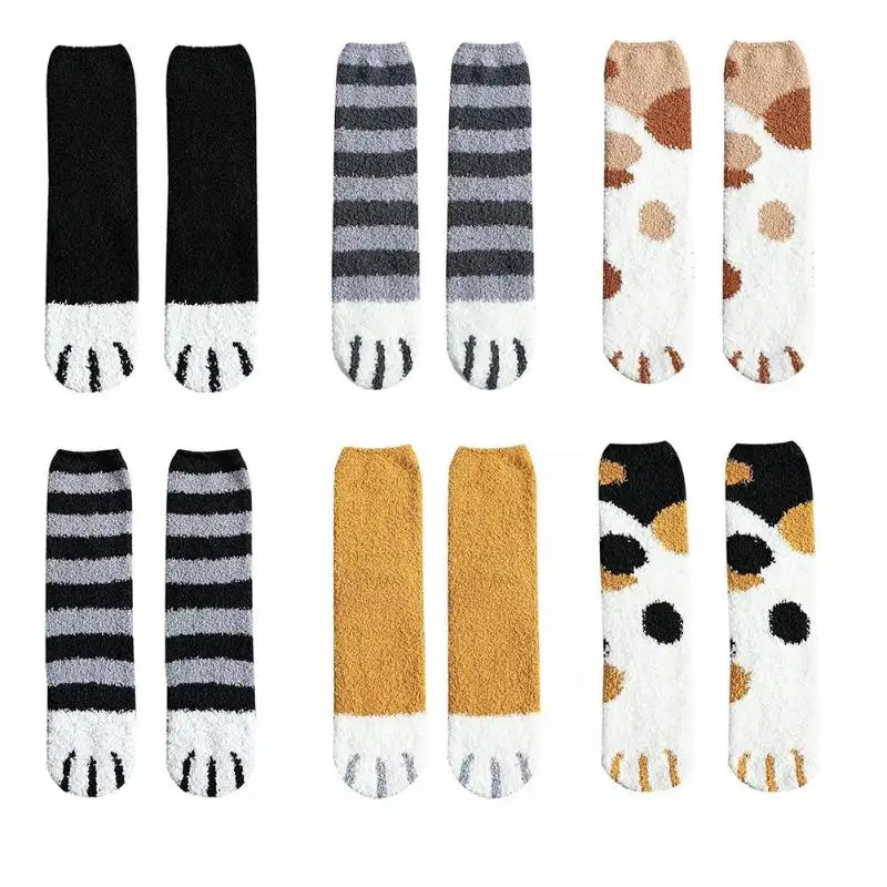 6 пар зимних флисовых носков женские плюшевые милые носки-тапочки с когтями кошки