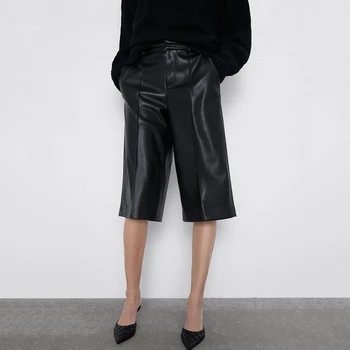 

2020 spring fashion pu leather shorts women high waist straight loose ankle length shorts