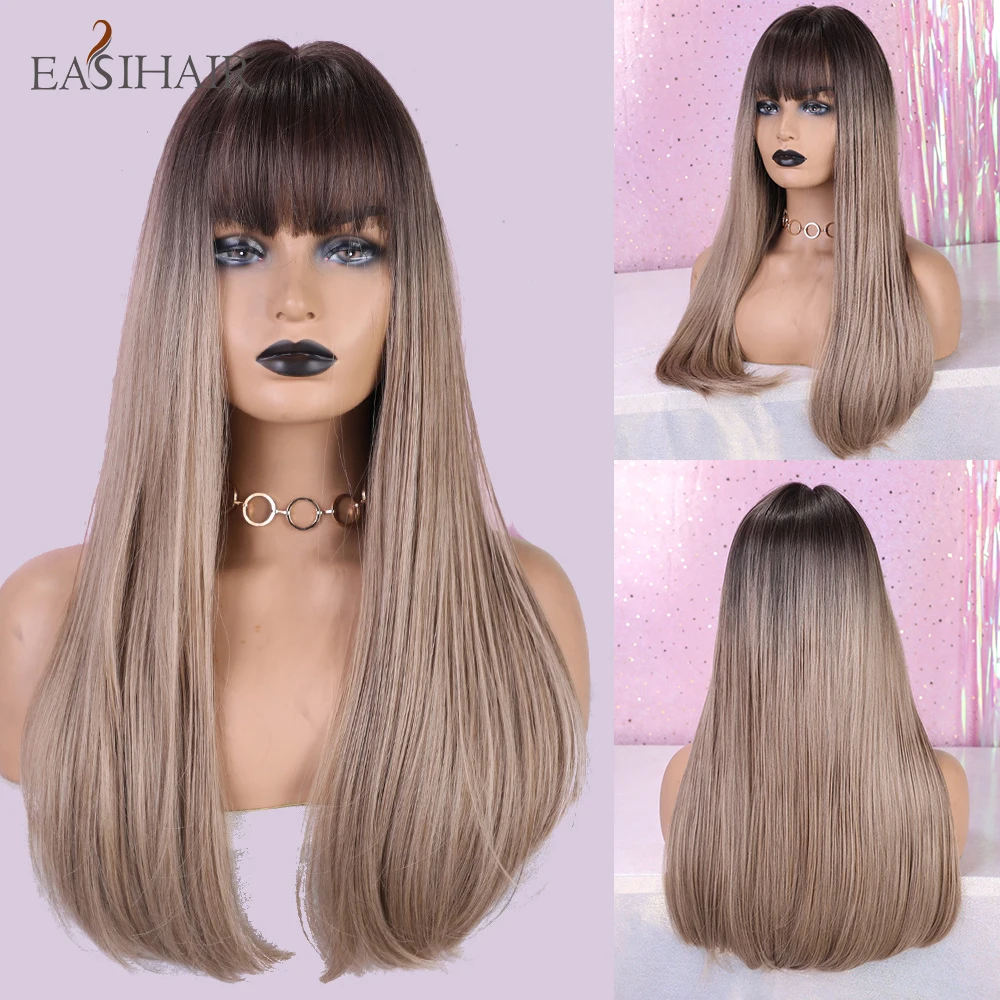 

EASIHAIR Long Straight Synthetic Wigs with Bangs Ombre Black Brown Wigs for Black Women Cosplay Wigs Heat Resistant Fiber Hair