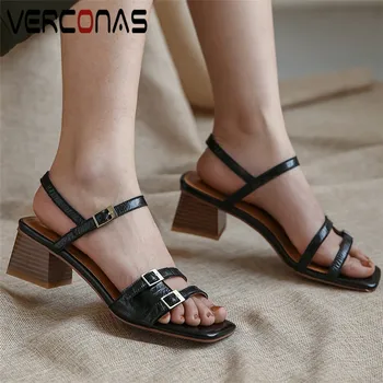 

VERCONAS Women High Quality Vintage Thick Heel Square Toe Buckle Working Shoes Genuine Leather Sandals Thick Heels Shoes Woman