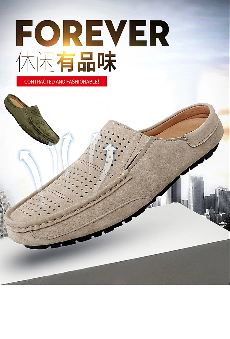 Man Summer Fashion Pig Skin Casual Half Shoe Male Breathable Soft Backless Half Loafers Hombre Open Back Leather Comfy Mocassins