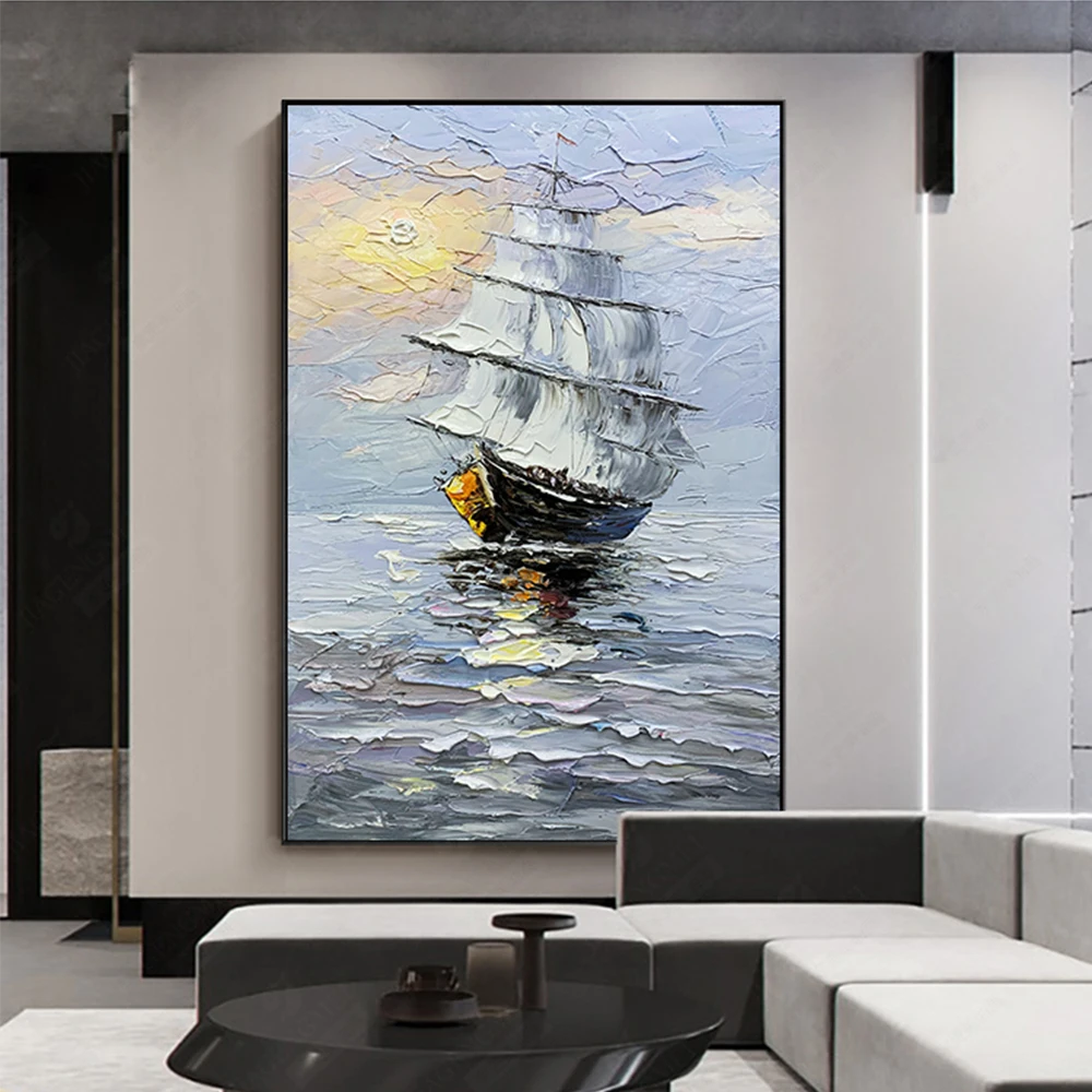 

100%Hand Painted Oil Painting 3D Abstract Painting Sailboat Decorative Painting Landscape Home Office Decoration Painting Art
