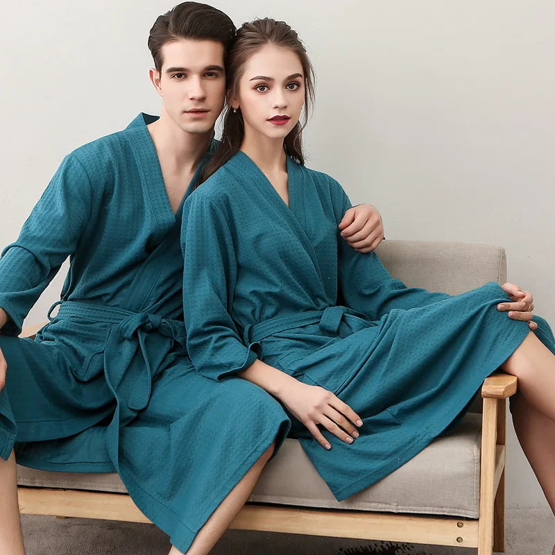 Spring and Summer Couple Nightgown One Piece Solid Color Waffle Cardigan Three-Quarter Sleeve Robe mens silk pajamas Men's Sleep & Lounge