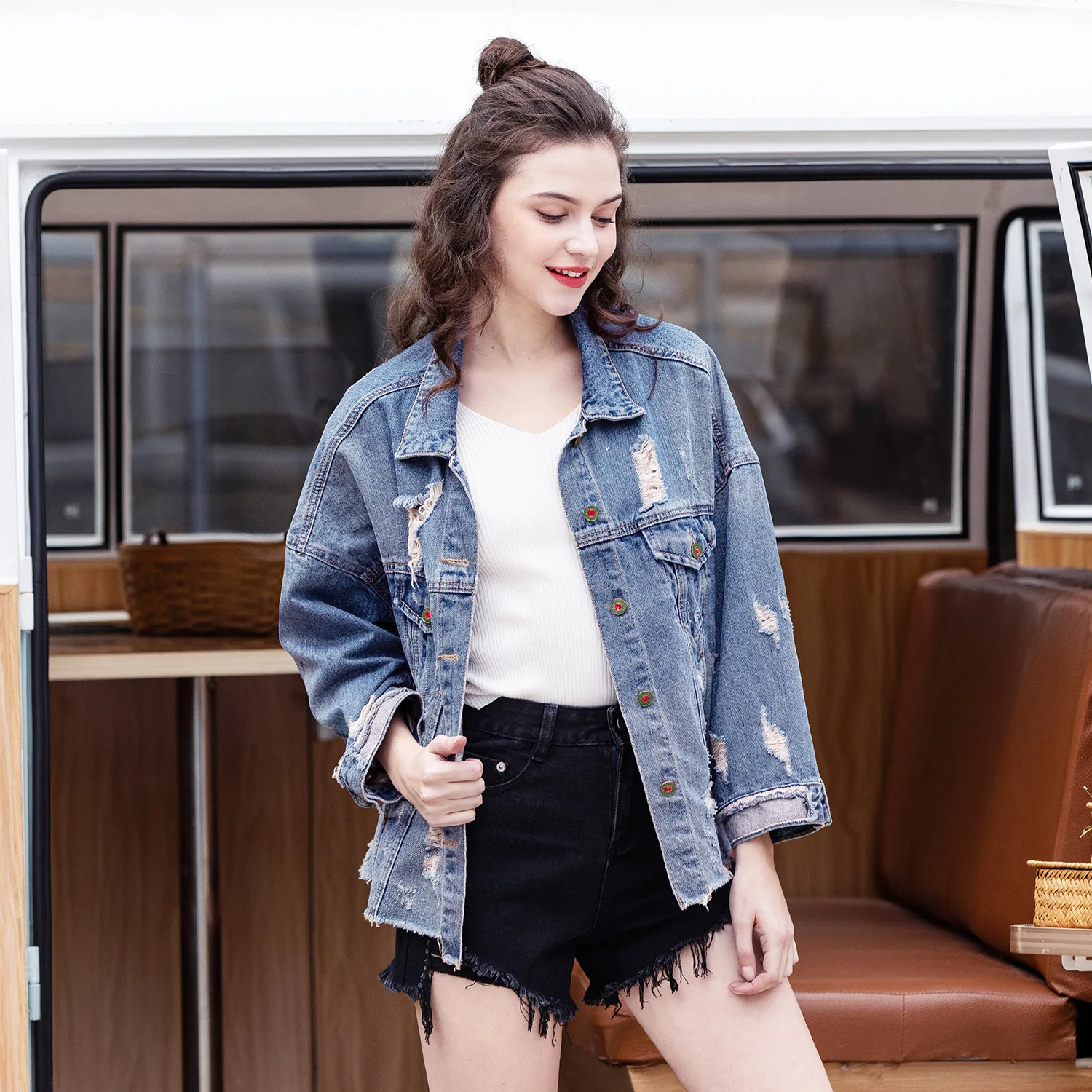 

Map Fish 2019 Autumn New Style Jeans Coat BF Style Loose-Fit with Holes Denim Jacket Women's Tops