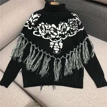 

Retro Cloak Sweater Long-Sleeve Knit Two-Piece Sweater Women's Turtleneck Pattern Fringed Shawl Design Top Sweaters Pull Femme