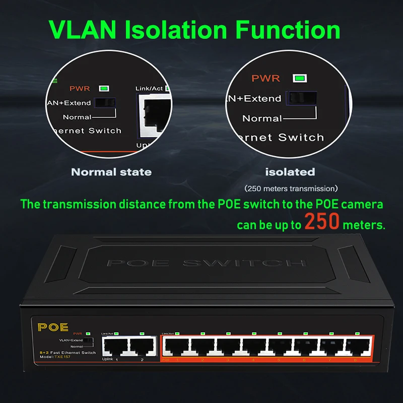 Poe Switch Mais Rápido Ethernet Switch Ieee 802.3af at com Energia Interna & Proteção contra Raios & Isolamento Vlan 93w 10-porto Comutadores de rede - Imagem 3