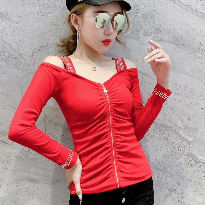 

New Slash Neck T-shirt Sexy Off-shoulder Diamonds Zipper Slim Stretchy Tops Shirt Long Sleeve Camiseta Mujer T98892