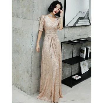 

wei yin AE0221 Elegant Sequined Long Evening Dresses A-Line V-Neck Sparkle Ladies Maxi Dresses Vestidos Largos Fiesta
