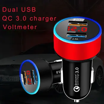 

12V/24V Dual Ports QC 3.0 USB Car Fast Charger Cigarette Lighter Digital LED Voltmeter Power Adapter for Mobile Phone Tablet GPS