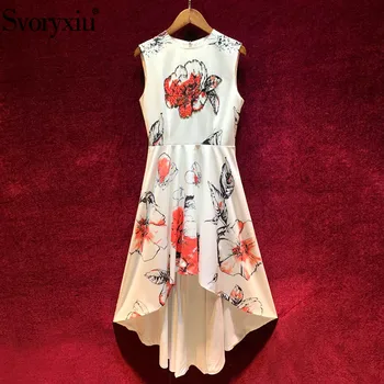 

Svoryxiu Runway Fashion Summer Sleeveless Dress Women's High Quality Beading Diamond Flower Print Party Swallowtail Dresses
