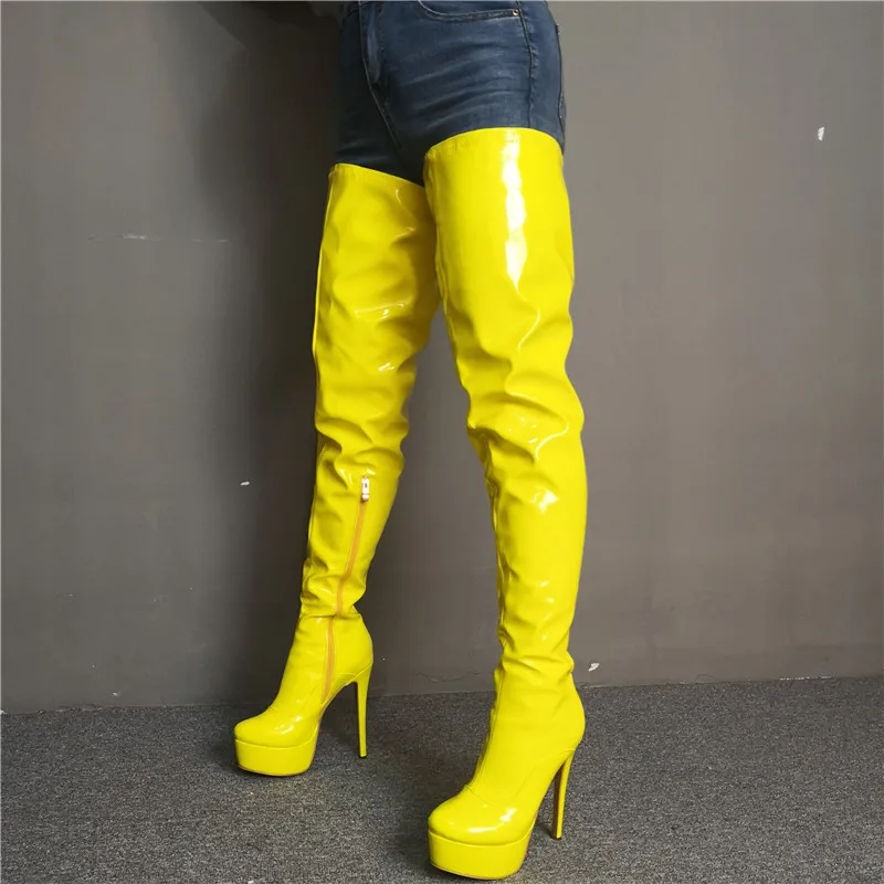 

Women Crotch Yellow Boots Stretchy Over Knee High Heeled Boots Zapatillas Shoes Woman Tenis Feminino Botas Large Size 43 45 47