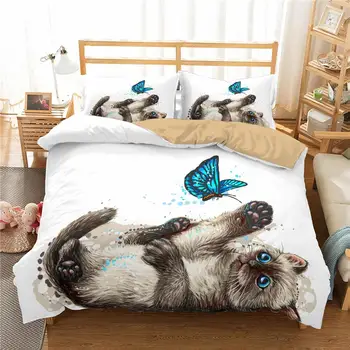 

Homesky Cute Cat Butterfly Bedding Set 3d Flying Butterfly Duvet Cover Print Comforter bedding Sets Luxury King Queen Bed Set