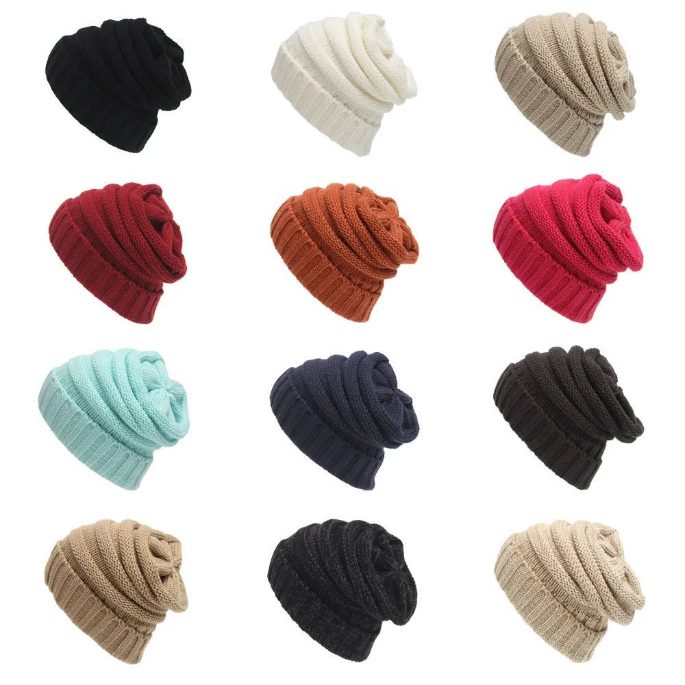 

Women's Hat Autumn and Winter Korean Version of Pure Color Warm Knitted Hat Outdoor Striped Woolen Knitted Hat Women