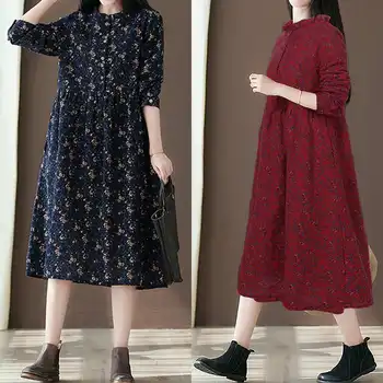 

Women's Floral Sundress ZANZEA 2020 Vintage Autumn Midi Dress Casual Long Sleeve Button Vestidos Female Pleated Robe Plus Size 7