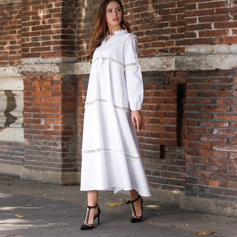 

Europe And America 2019 Spring And Summer Women's Network Red-Pure Cotton Lace Joint V-neck Hollow out Bohemian Dress