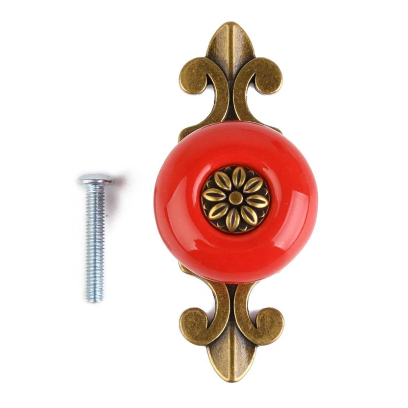 1pc Retro Furniture Drawer Cabinet Wardrobe Ceramic Round Knob Metal Pull Handle (Bronze + Red) | Обустройство дома