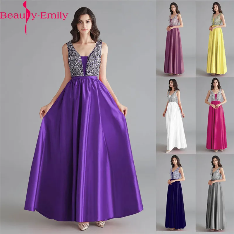 Beauty Emily Satin Dark Pink Bridesmaid Dresses 2020 V neck Heavy