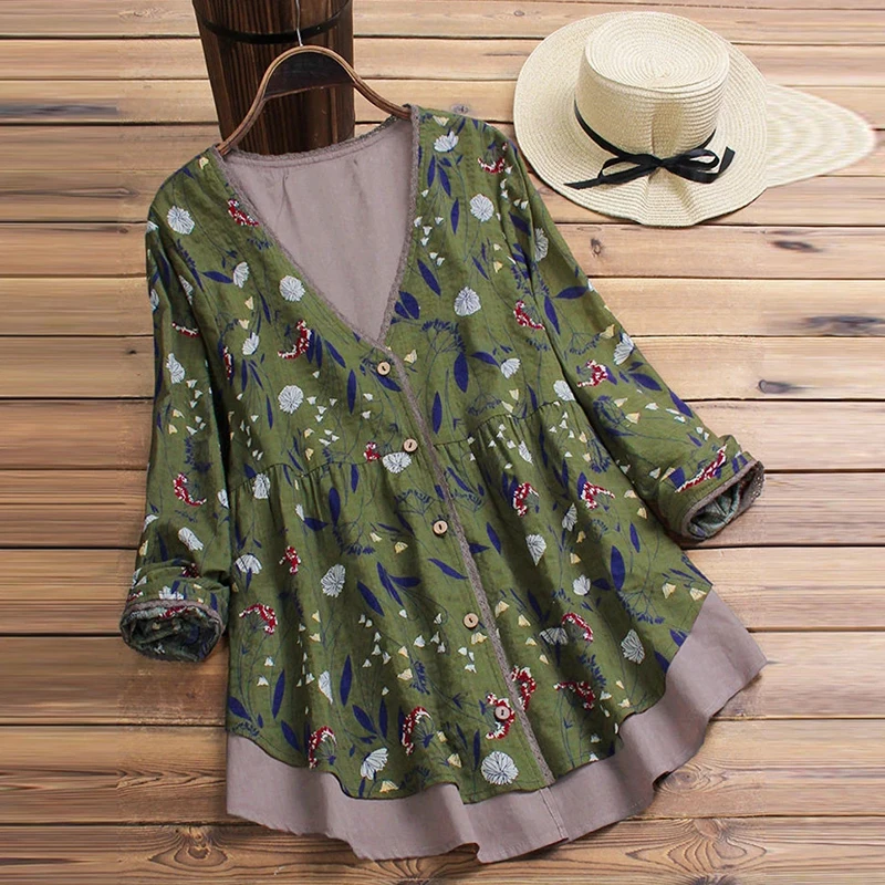 

2021 Spring Summer Long Sleeve Cotton Linen Shirt Blouse Women V Neck Fake Two Piece Floal Womens Tops and Blouses Vintage 5XL