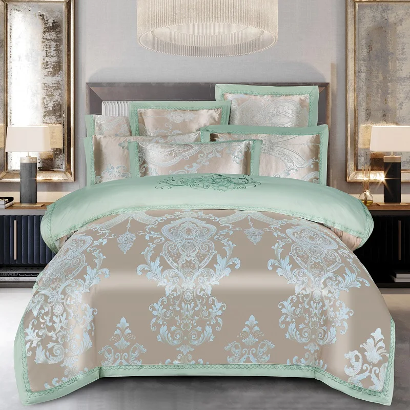 KELUO Luxury Wedding jacquard mulberry silk bedding 100%cotton Embroideredincluding duvet cover bed sheet pillowcase GRAY - Color: Such as pictures