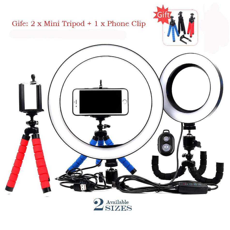 

16cm/26cm Photography Camera Light Selfie Ring Light for YouTube Video Makeup Studio with Cell Phone Holder USB Plug LED Lamp