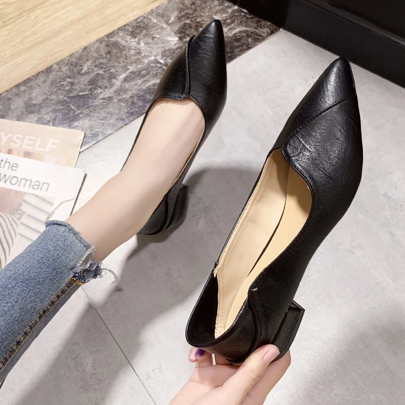 Zapatos de tacón bajo para mujer, calzado de trabajo con punta estrecha, boca poco profunda, tacones de color negro, 2020| de tacón de mujer| - AliExpress