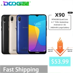 DOOGEE X90 4 ядра мобильный телефон 6,1 дюймов 19:9 в виде капли воды, Экран смартфон 16 Гб Встроенная память 3400 мА/ч, Две сим-карты 8MP + 5MP WCDMA ОС Android