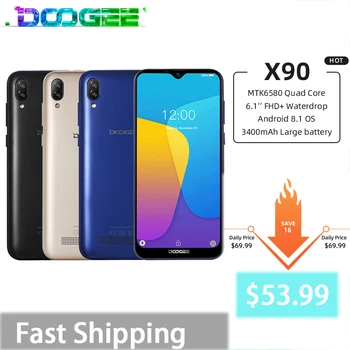 Перейти на Алиэкспресс и купить DOOGEE X90 4 ядра мобильный телефон 6,1 дюймов 19:9 в виде капли воды, Экран смартфон 16 Гб Встроенная память 3400 мА/ч, Две сим-карты 8MP + 5MP WCDMA ОС Android