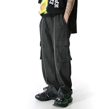 

EWQ / men's wear Jeans male Pocket Detachable Ribbon Denim Pants Drawstring Fashion Trousers High Street Loose Streetwear 9Y1735