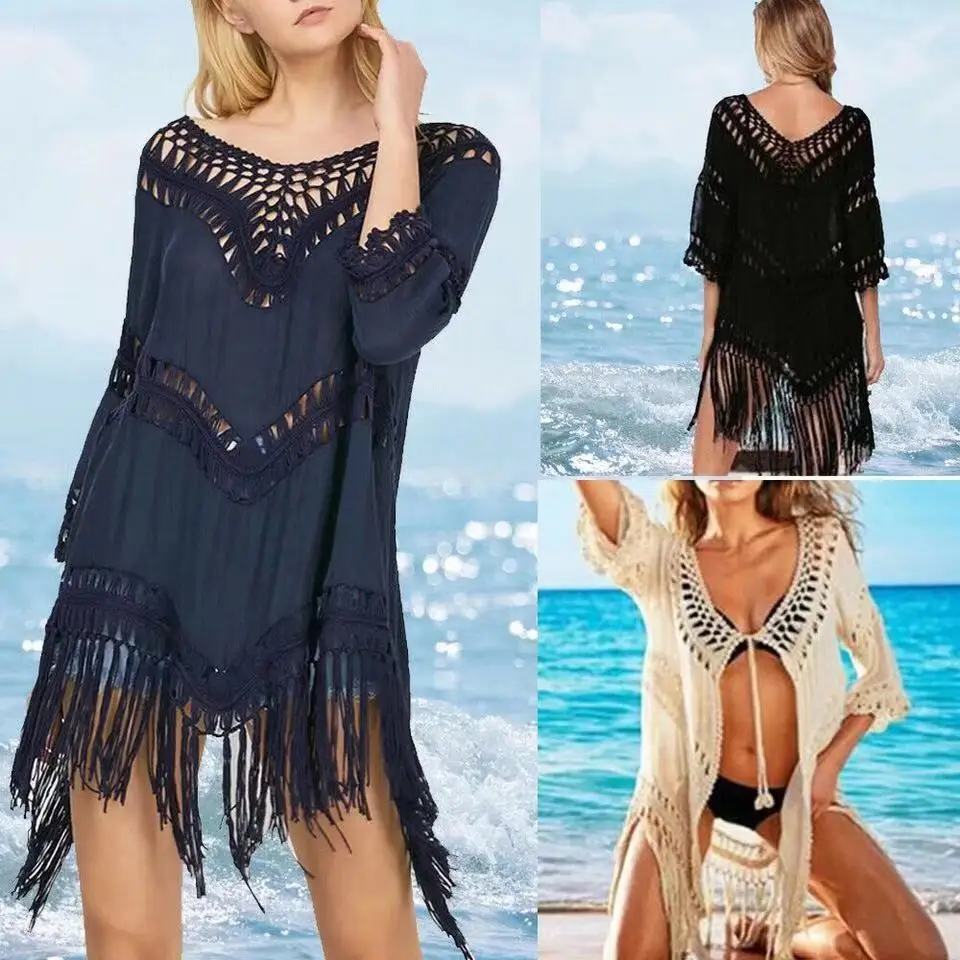 Women's Sexy V-neck Tassel Solid Knit Hollow Sunscreen Bikini Blouse Ladies Retro Cardigan Shirt Beach Sunscreen Clothing