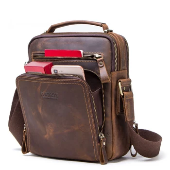 

Men Genuine Leather Messenger Bag Fashion Retro Crazy Horse Leather Shoulder Bag Multifunctional Leisure All-match Phone Pocket